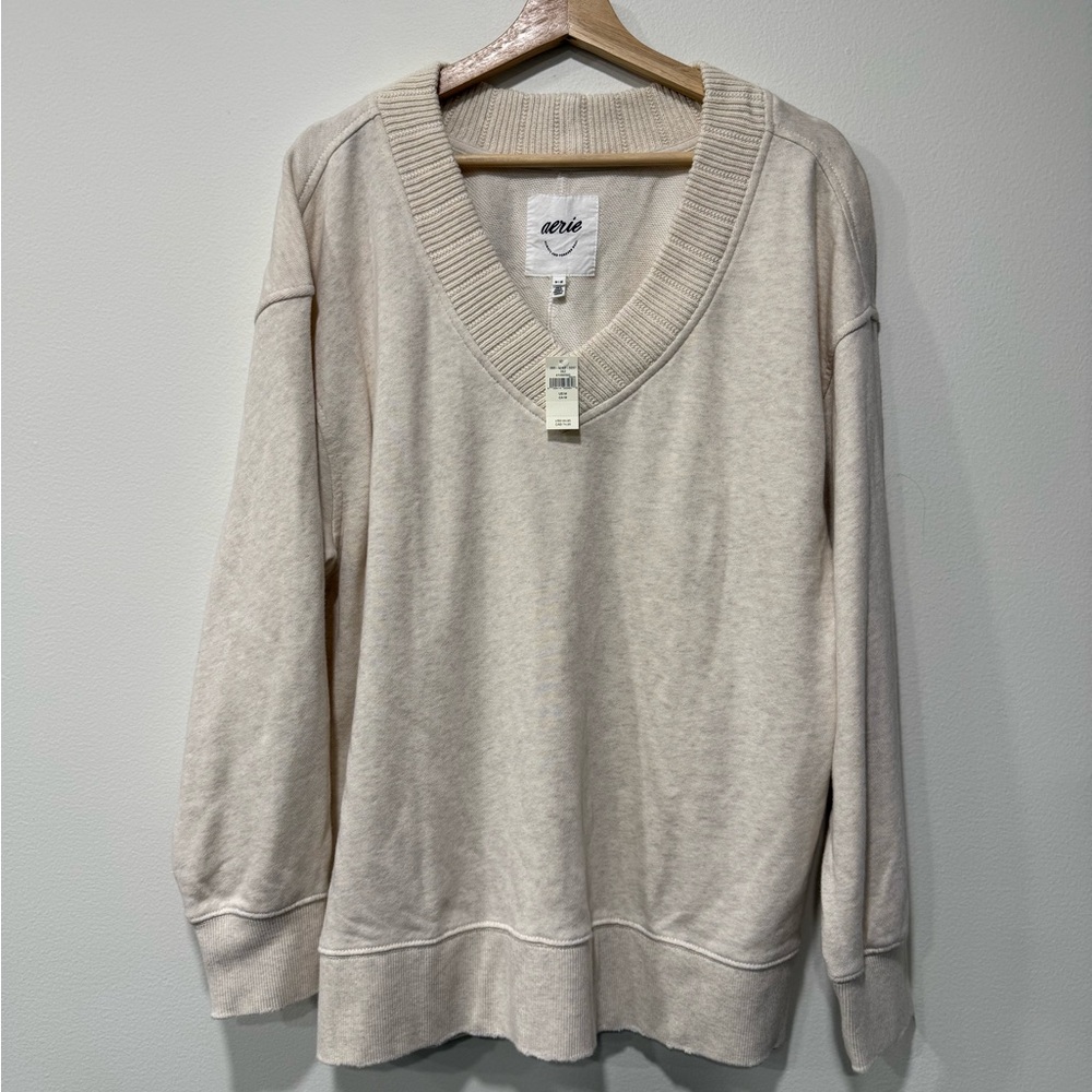 aerie Cream V-Neck Cozy Sweatshirt